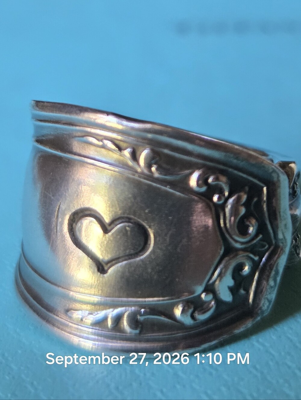 Sterling Heart Accent Silver Spoon Ring Vintage Handmade #137